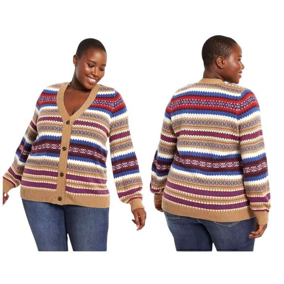 Lane Bryant Sweater Women 26 Tan Knit V Neck Button‎ Front Fair Isle Cardigan - Picture 1 of 11